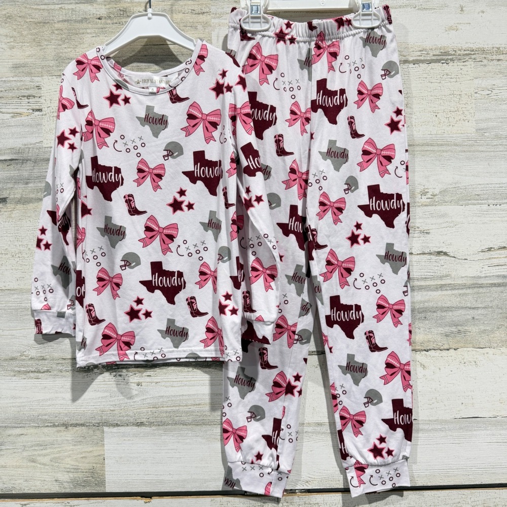 The Royal Standard Pajama Set Girls 6 Pink Texas Bows Football Gameday